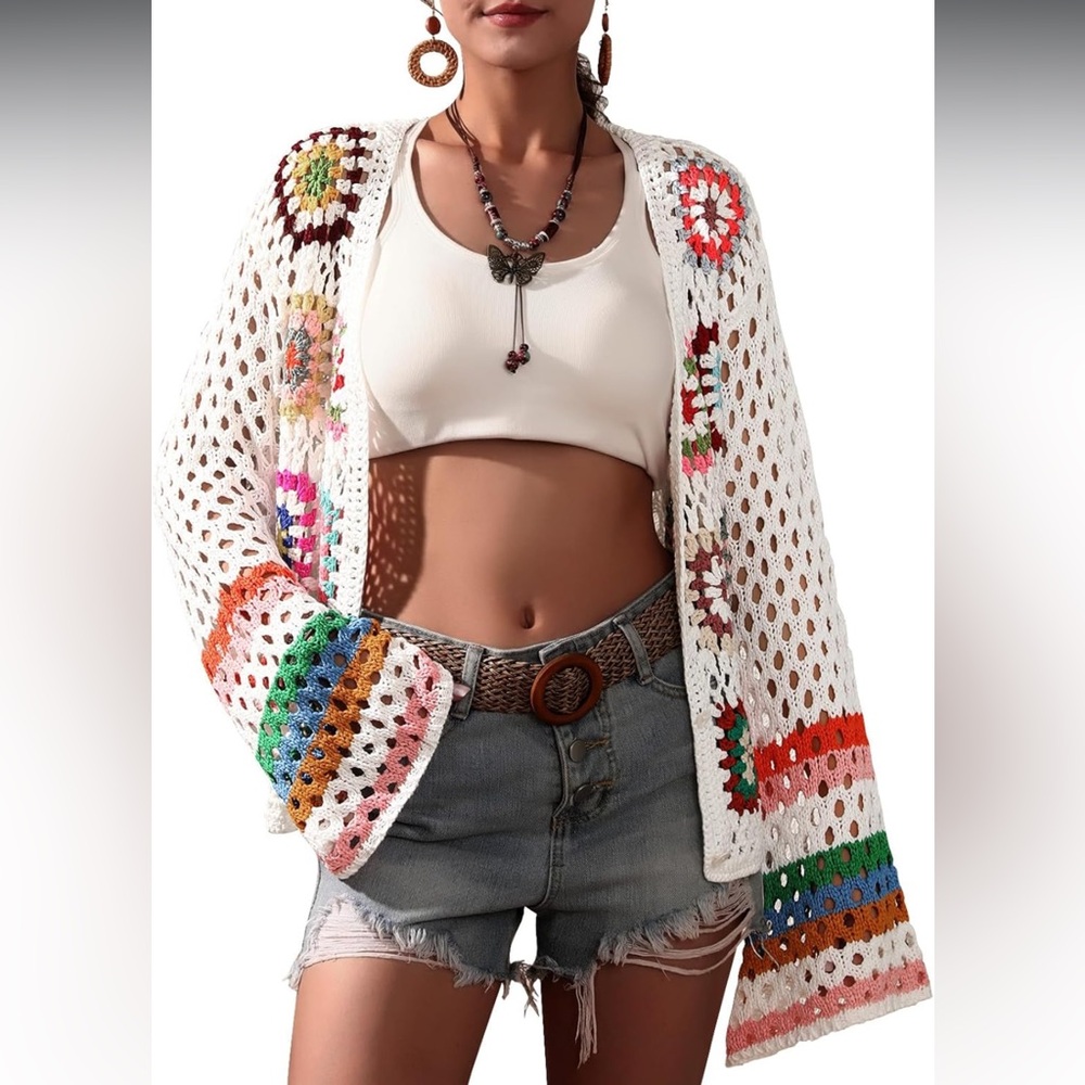 Colorful Crochet Open-Front Sweater